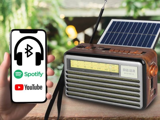 Radio przenośne Liwa Retro z panelam solarnym, FM, Bluetooth, USB, SD, AUX, lampka USB, filoet