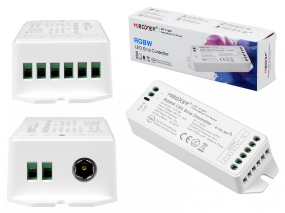 Mi-Light odbiornik RGBW, 2.4GHz/WiFi, do pilotów 4-strefowych, funkcja ściemniania, max.12 A, 1 kanał max. 6 A.