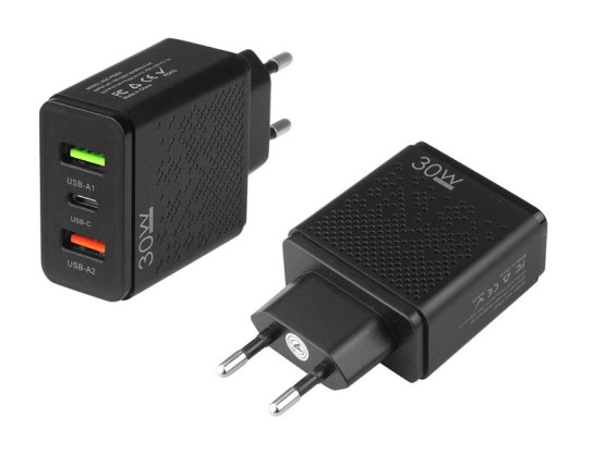 Ładowarka sieciowa PD+ 2xUSB QUICK CHARGER QC 3.0 30W, czarna.