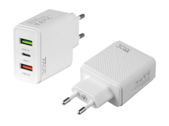 Ładowarka sieciowa PD+ 2xUSB QUICK CHARGER QC 3.0 30W, biała.