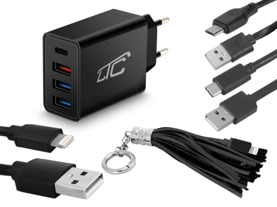 Zestaw:ładowarka 4xUSB QC 3.0 36W+kabel USB-C+kabel Micro USB+brelok USB-Iphone