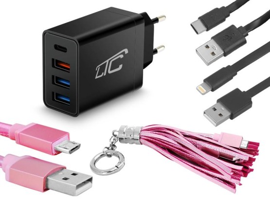Zestaw:ładowarka 4xUSB QC 36W+kabel USB-iPHONE+brelok Micro USB