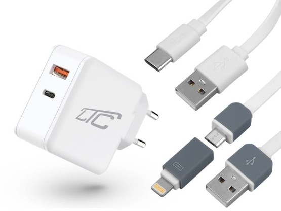 Zestaw:ładowarka  QC USB 3,6A PD 45W+kabel USB-C+kabel Micro USB/Iphone