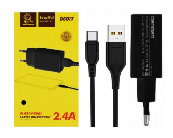 ŁADOWARKA SIECIOWA DENMEN USB 2,4A 12W CZARNA+KABEL USB TYP-C