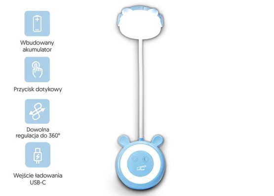 Lampka nocna LTC dla dzieci miś ,3W,3 barwy światła 3000/4000/6000K,regulowana,akumulator 1200mAh,niebieska