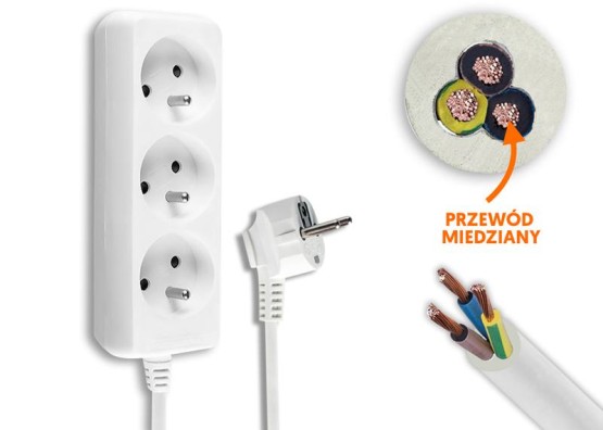 Przedłużacz sieciowy 3 gniazda z uziemieniem 3m biały