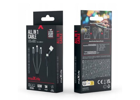 MAXLIFE KABEL ALLin1  USB-TYPE-C/Lightning+2xUSB-C 1m 66W czarny