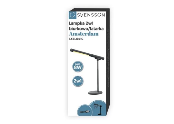 Lampka SVENSSON Light 2w1 biurkowa/latarka (odpinana) 8W, USB-C czarna, model Amsterdam